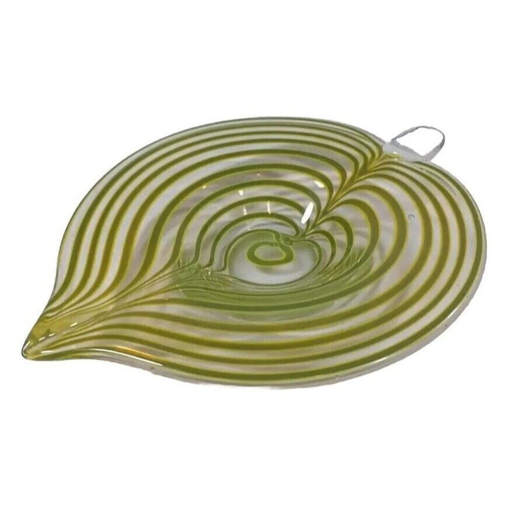 Mid Century Murano Centerpiece Bowl Tyra Lundgren Leaf Stripes Green Yellow - Picture 7 of 16